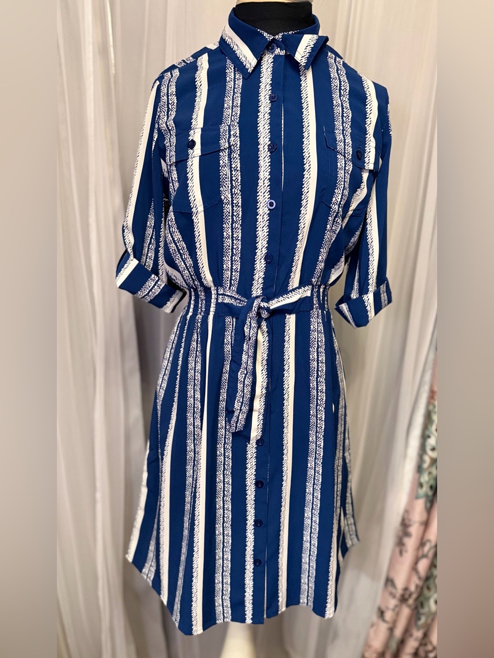 💙 Millennium Navy & White Striped Belted Shirt Dress Size Small Preppy Coastal 💙